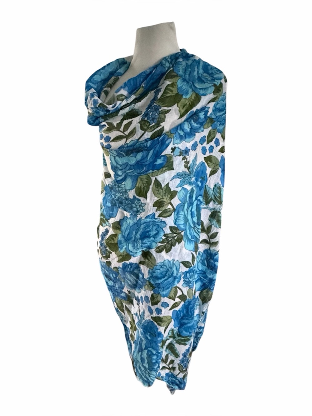 Blue Floral Lightweight Cotton Voile Scarf/Wrap/Sarong with beaded trim 36”x72”